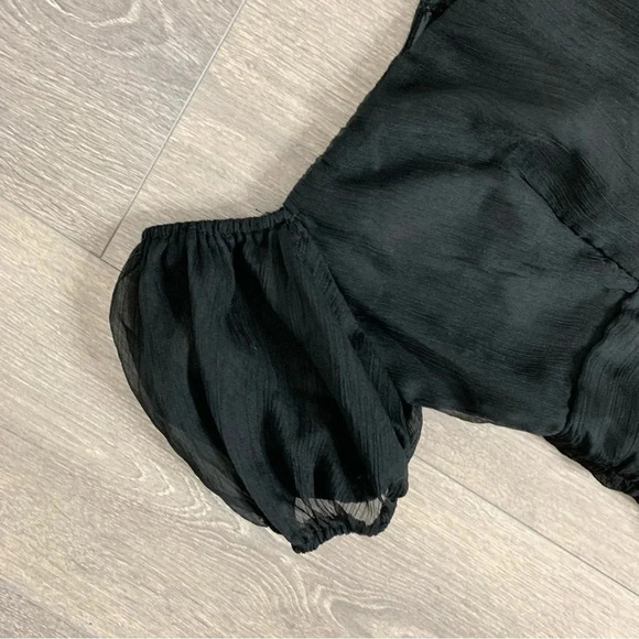 Lioness Mini Dress Black Ruched Gathered Off Shoulder puff Sleeve Size Medium - Picture 8 of 12